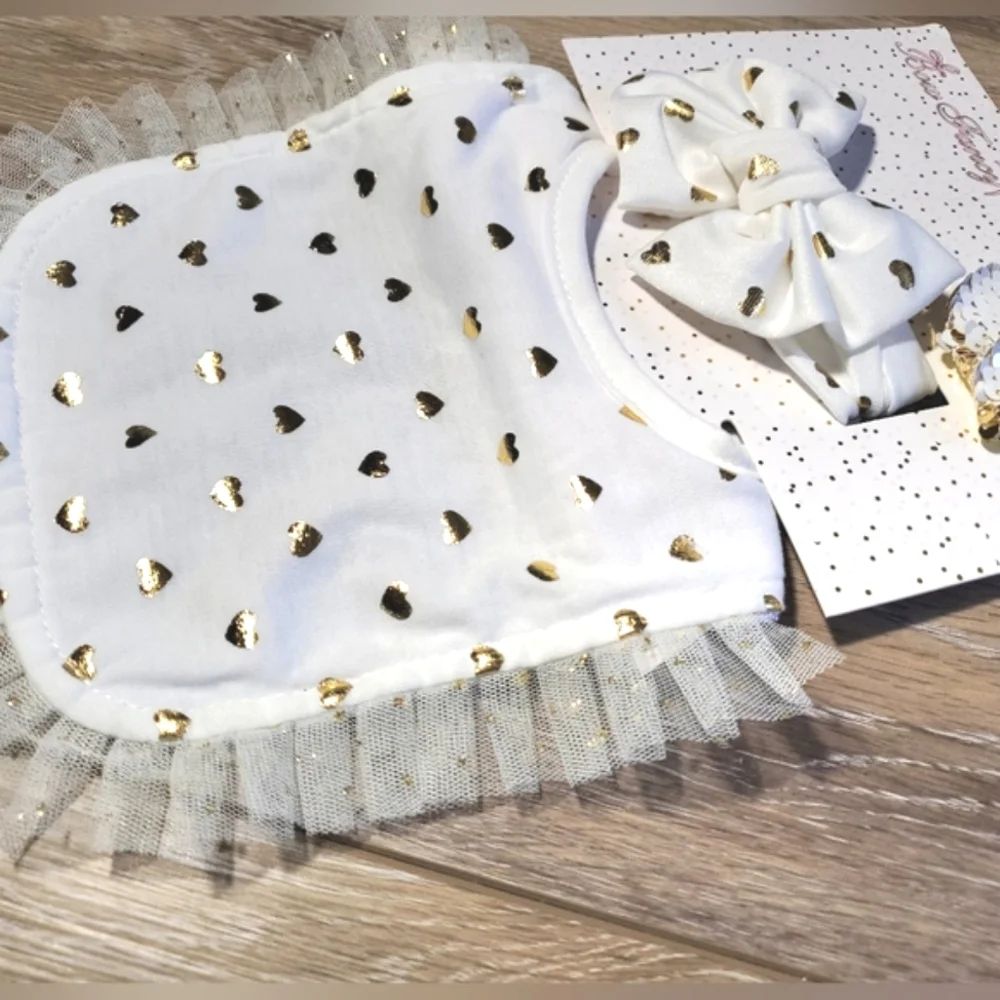 White And Gold Heart Baby Bib and Bow Set